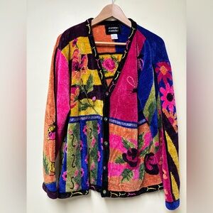VINTAGE 90S ARTSY COLOR BLOCK CARDIGAN FLOWERS DRAGONFLIES BUTTERFLIES XL